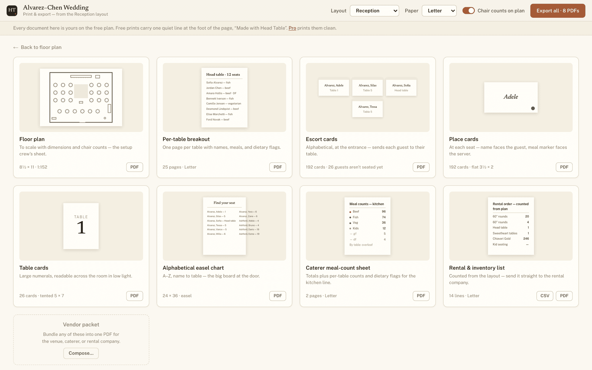 The print and export screen: eight document cards, each with a preview, a description and a PDF button, plus an Export all button.
