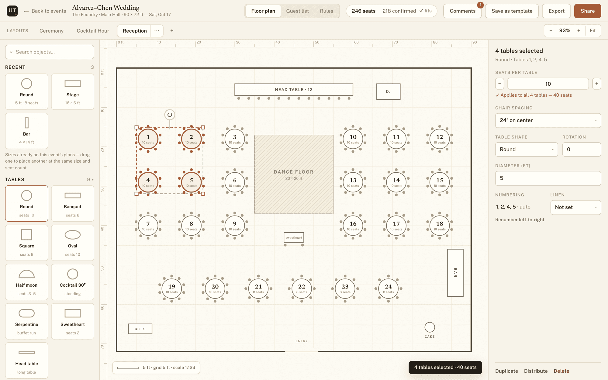 Four tables selected on the plan at once, with the inspector reading “4 tables selected · Round · Tables 1, 2, 4, 5” and a seats-per-table stepper that applies to all four.