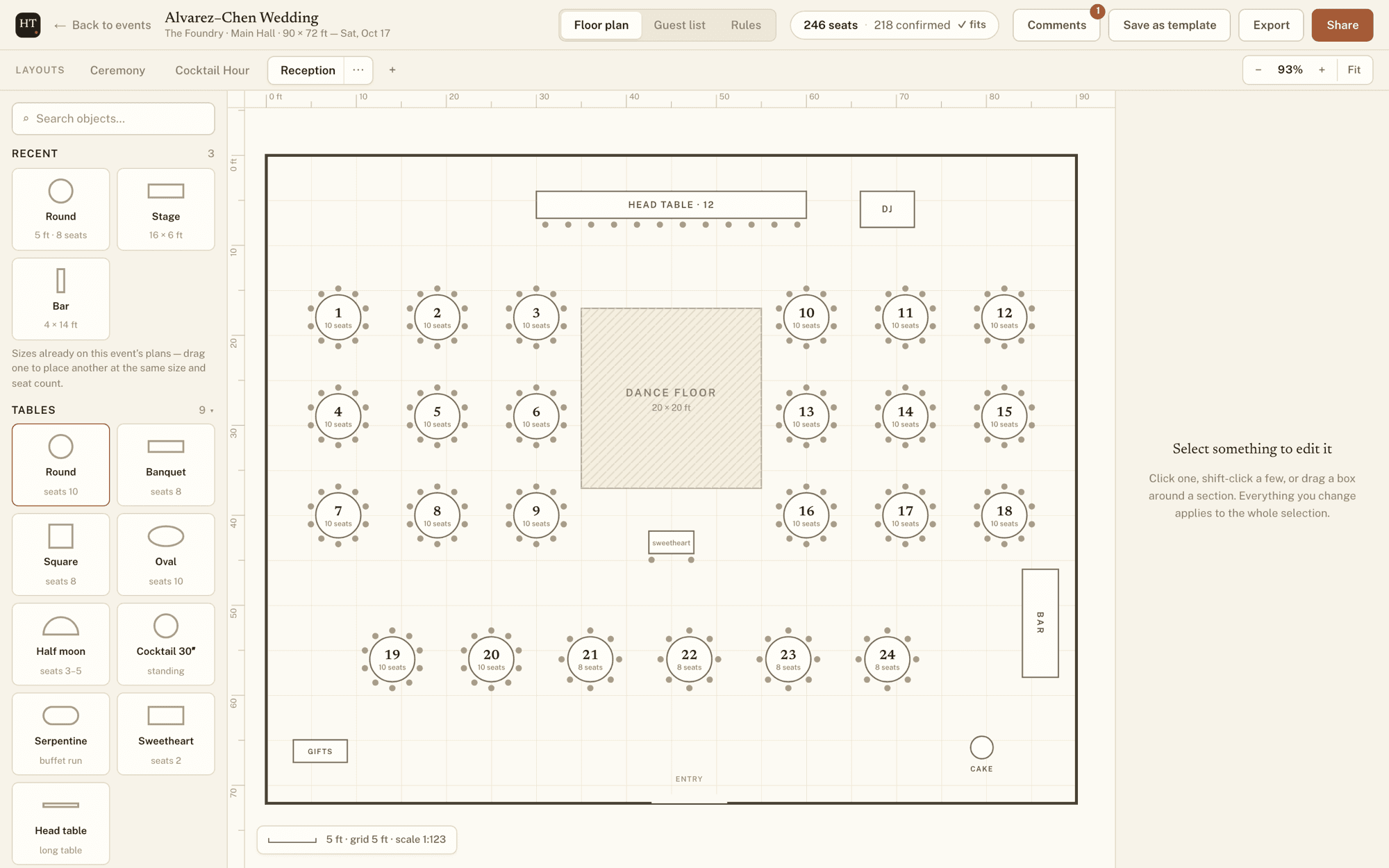 The Head Table floor-plan editor: a 90 by 72 ft reception with 24 numbered round tables, a head table, a dance floor, a bar and a DJ booth, drawn to scale with chair pips and seat counts.