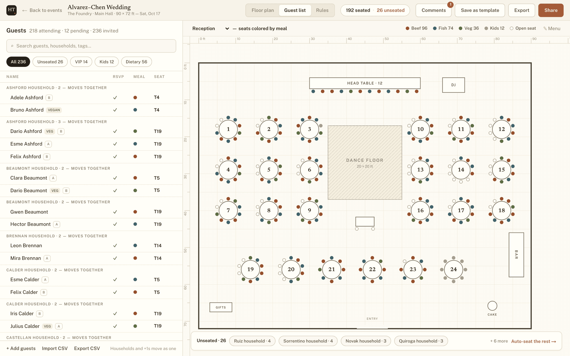 Guest-list mode: a household-grouped guest table on the left with RSVP, meal and seat columns, and a plan on the right with seats coloured by meal.